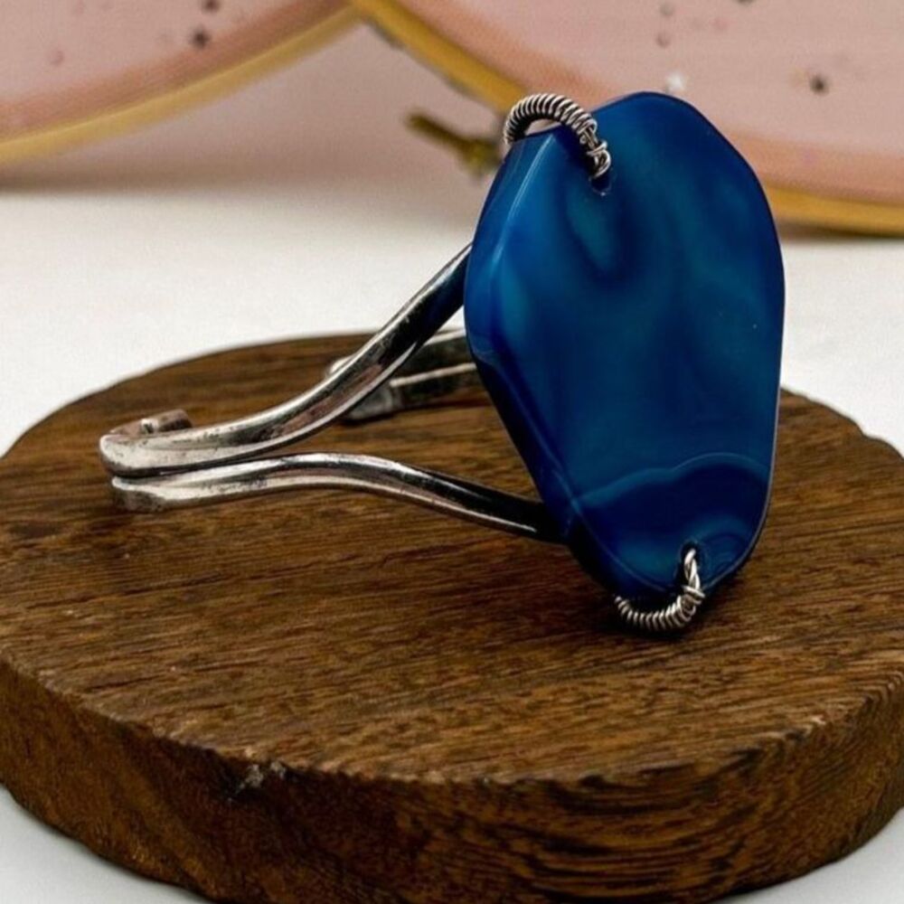 Sterling Silver 925 Blue Agate Cuff Bracelet Vintage Thailand Wire Wrapped